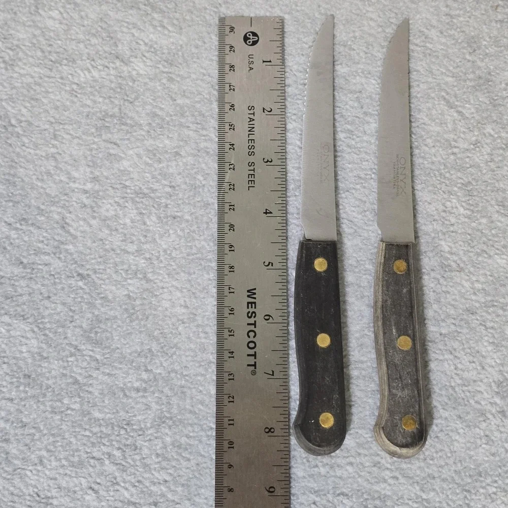 Vintage Mobil Chemical Steak Knives Tramontina Onyx Set 2 Wood Handle Brazil